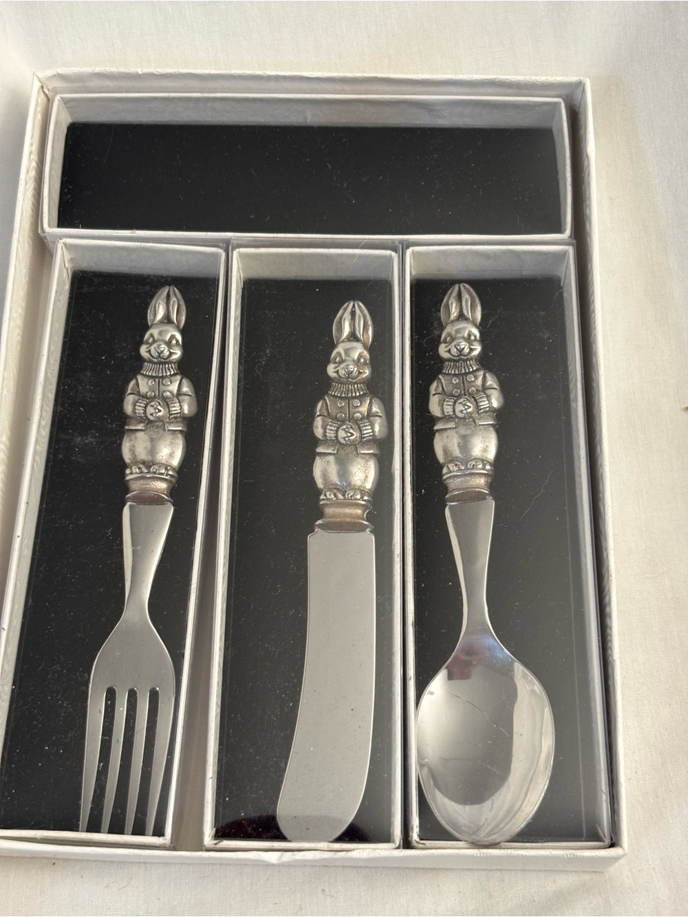 Woodbury Pewter Bunny Child Flatware Set Spoon Fork Knife Handcrafted w/ Box